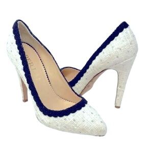 Aperlai Paris by Lanvin Italian Silk White Tweed Beaded Fringe Pump Heels Size 7